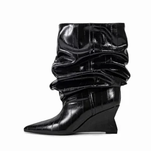 Sexy Women’s Extra Wide Calf Slouch Wedge Boots Pull on Pointed Toe PU Upper Eel Texture Crinkled Ankle Booties Plus Size Party