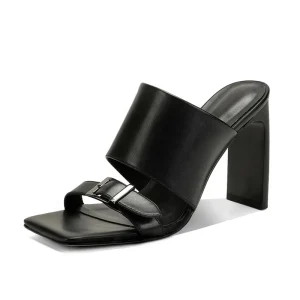 Sexy Women’s Square Toe Mules Black High Heel Slip-On Anti-Slip Sandals with Buckle Strap ODM OEM Woman Shoes
