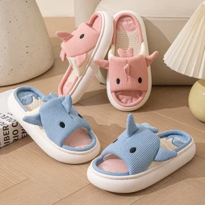 Shark Pattern Linen Slippers for Women’s Autumn and Winter Indoor Home Anti-slip Soft Bottom Slippers
