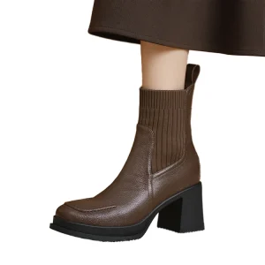 Sheepskin Fashion Patchwork Slip On Breathable Short Ankle Boots Women Autumn Winter Elegant High Heel Height Increasing