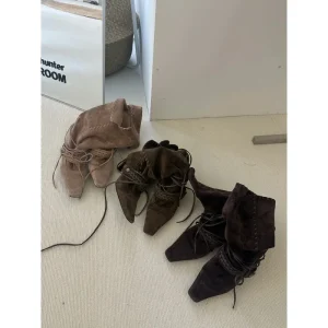 Sheepskin Lined All Seasons Retro Western Cowboy Women’s Pointed Toe Suede Tie Closure Coarse Heel Ankle Boots