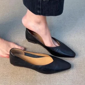 Sheepskin Lined Genuine Leather Mary Jane Flats Women’s Slip On Pointed Toe Rubber Outsole Professional Commuting Shoes