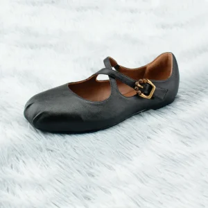 Sheepskin Version Genuine Leather French Cross Strap Buckle Closure Comfortable Mary Jane Women’s Flat Shoes Breathable