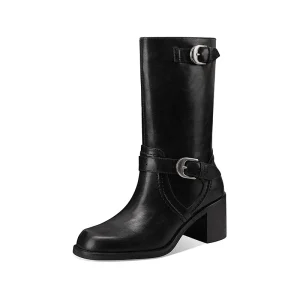 Shiny Leather Mid Calf Western Boots Double Buckle Block Heel Booties