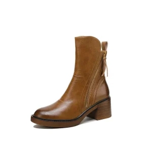 Shoe Manufacturer Brown Ankle Boots for Women Chunky Heel Side Zipper Comfortable Casual Winter Boots