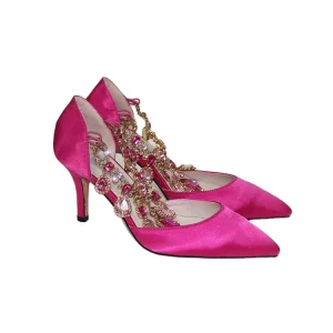 Silk High Heels Wedding Shoes Pointed Toe Bridal Stiletto Pumps Embellished Gem Rhinestone Strap Breathable