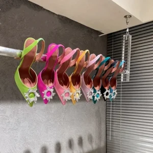 Silk Sunflower Crystal Diamond Buckle High Heels Horseshoe Women’s Sandals