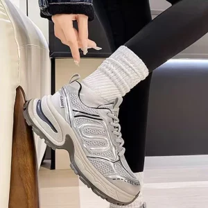 Silver Reflective Strip Women’s Shoes Spring New Mesh Thick Soled Retro Red Dad Style Sports Sneakers Cross Border Shoes