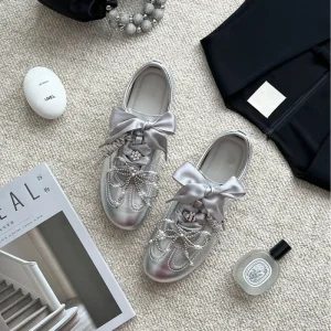 Silver Training Shoes for Women Spring Summer Bowknot Casual Shoes Soft Sole Ballet Flats Women’s Shoes