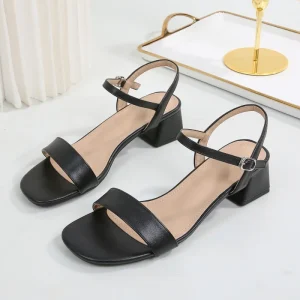 Simple Elegant Women’s Sandals Breathable PU Upper Plus Size One-Strap Buckle Thick Heel Flat Bottom Summer Shoes