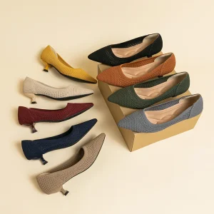 Simple High Heels Knit Pointed Toe Office Formal Dress Pumps Slip on Low 4cm Heel Comfortable Women’s Shoes