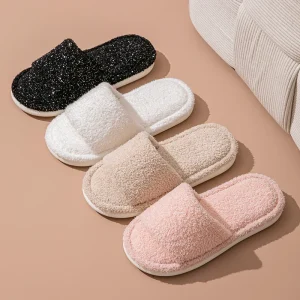 Simple Open Toe Pure Color Warm Slippers for Women’s Autumn and Winter Indoor Home Anti-Slip Soft Bottom Slippers