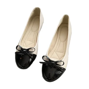 Simple and Casual Women’s PU Leather Shoes Decorated with Bowknots Outdoor Single Shoes
