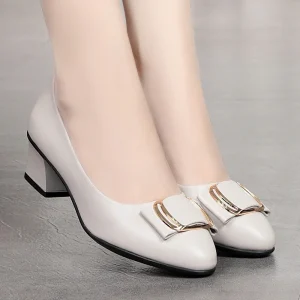 Single Layer Autumn Korean Style Slip On Work Shoes Thick Heels Pointed Toe Shallow Mouthed Metal Decorative Microfiber Leather