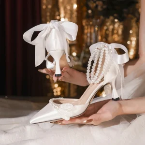 Size 33 43 Wedding Pearl Ankle Zapatos Tacon Mujer Party Sexy New European Fashion White Pointed Heel Women’s Pumps