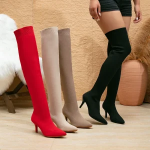 Skinny and Versatile Women’s Knee High Boots Spring Autumn Fashionable Women’s Boots Pointed Pointed and Slim Heel Knitted Boots