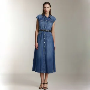 Sleeveless Denim Shirt Dress For Women Casual Belted Button Down Midi With Pockets Summer Formal Simple