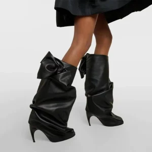 Slim High Heel Mid Length Women’s Black Slip on Boots with Bow Knee Length Large Size Women’s Boots