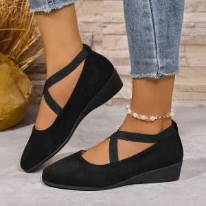Slip On Solid Lightweight Non Slip Crisscross Strap Comfort Casual Shoes Wedge Mary Jane Flats for Women and Ladies