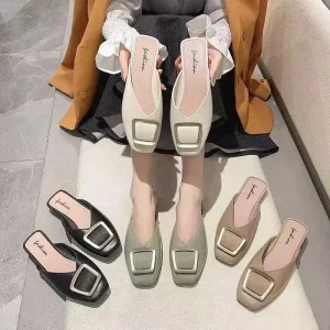 Slippers Women’s Summer with New Fashion Square Toe Flats Sandals Shoes Muller Spring Flip Flops Slides Outdoor Work Ladies