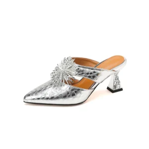 Snake Print Rhinestone Tassel Pointed Toe Mules Women’s Crystal Block Heel Slip On Sandals