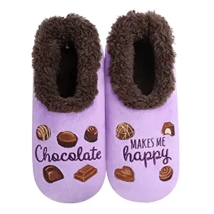 Snoozies Women’s Funny Adult House Slippers Soft Non Slip Sherpa Lining Flannel Upper Chocolate Makes Me Happy Indoor Silly