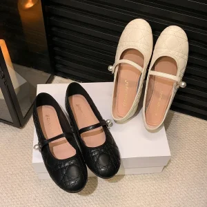 Soft Leather Women’s Mary Jane Flat with Pearl Buckle Belt Round Toe Solid Classic Comfortable Slip On Shoes