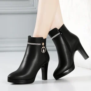 Soft Microfiber Ankle High Heel Boots Black Plush Height