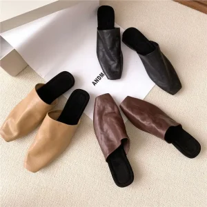 Soft Niche High-End Slip-On Square Head Half Women’s Summer Outdoor Mules Sandals Lazy Flat Shoes Rubber Outsole PU