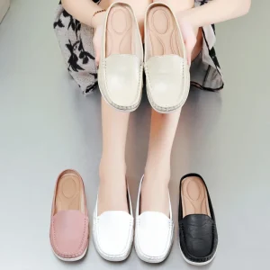 Soft PU Leather Backless Moccasin Mules Shoes Slip-On Comfort Casual Flat Shoes Women’s Loafers for Walking