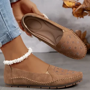 Soft PU Loafers Shoes for Ladies Comfortable Slip On Flat Moccasins Women’s Rhinestone Casual Shoes for Walking