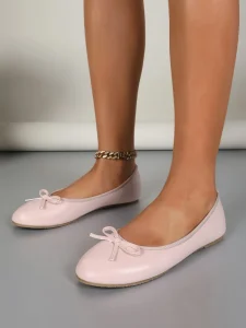 Soft Pink Bowknot Ballet Flats Round Toe Slip On Casual Shoes for Women Office & Party Wear