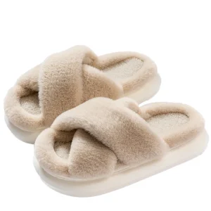 Soft Plush Slippers Women’s Fall-Winter Outerwear Style Thick-Soled Indoor Cotton Slippers with Open Toe