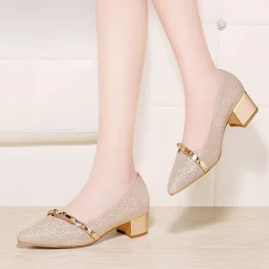 Soft Sole Wedding Shoes Champagne Gold Toe-covered Pointed-toe High Heels Women’s Sparkling Sequin Block Heel Shoes