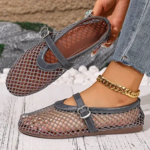 Soft soled Breathable Mesh Single Shoes For Women New Style Flat Sole Perforated Mesh Shoes Mary Jane Single Shoes