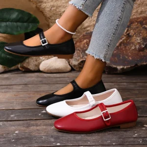 Solid Color Low-top Shallow Low-heel Flat Buckle Mary Jane Flats Women’s Casual Sandals