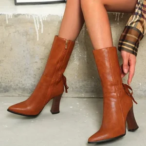 Solid PU Upper Side Zipper Mid Calf Women Boots Winter Fashion Pointed Toe Boots Large Size 50 Chunky Heel Booties for Ladies