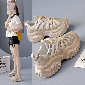 Spring Autumn New Women’s Tire Sole Chunky Sneakers Height Increasing Pineapple Pattern Breathable Casual Sports Shoes