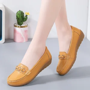 Spring Autumn Plus Size Pregnant Women’s Genuine Leather Wedge Driving Shoes Toe TPR Outsole Size 44 Slip On Flat Casual