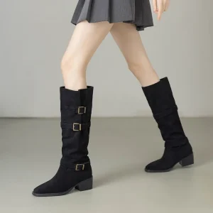 Spring Autumn Western Cowboy Boots Women’s High Cylinder Genuine Leather Chunky Heel Pointed Toe Solid Color Slimming