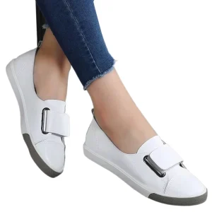 Spring Autumn Women’s Breathable Court Sneakers Loafers Closed Toe Slip On White Genuine Leather Casual Shoes