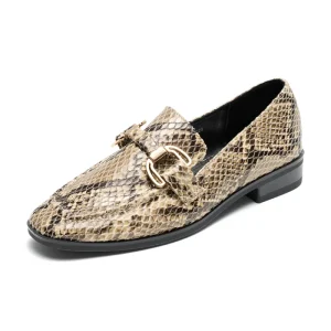 Spring Autumn Women’s Cross Border Plus Size Casual Snake Print Loafers Gold Buckle Low Block Heel