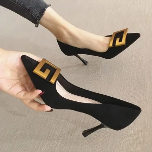 Spring French Black Korean Style Slip On Work Shoes Pointed High Heels Women’s Thin Heels