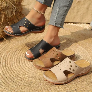 Spring Gladiator Wedge Platform Slippers Womens Shoes New Large Size Fish Mouth Buckle Decoration PU Upper