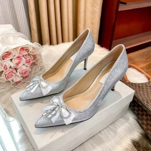 Spring New Fashion Pointed Head Shallow Mouth High Heel Rhinestone Bow Wedding Shoes Women’s Single Shoes