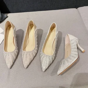 Spring New Superior Quality Custom Logo Women’s Pumps Comfortable Bridal Shoes Pearl Decoration 7CM Thin Heel Pointed Toe