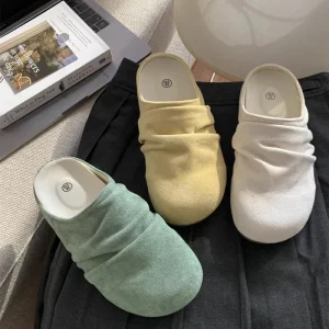 Spring Retro Closed Toe Mules Outdoor Wear Versatile Women’s Casual Slip On Pleats PU Rubber