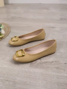 Spring Summer Autumn Comfort Soft TPR Outsole Suede Lining Women Slip Shoes Metal Square Buckle Patent Leather Flats