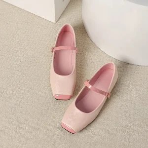 Spring Summer Mary Jane Women’s Flat Shoes Chinese Style Gentle Smooth Shallow Mouth Square Toe Buckle Strap Beef Tendon