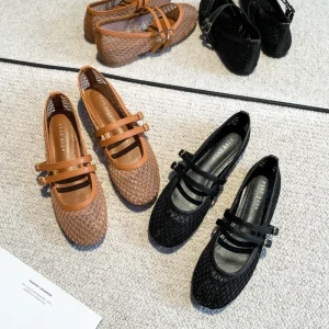 Spring Summer New Ballet Flats Closed Flat Hollow Out Mary Jane Breathable Comfort Stylish French Mesh Women’s Shoes